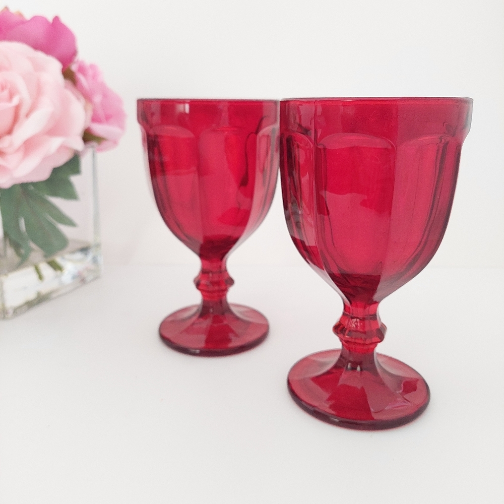 Set of 2 Vintage Libbey Gibraltar Red Glass Water Wine Goblets 12oz 6.25"